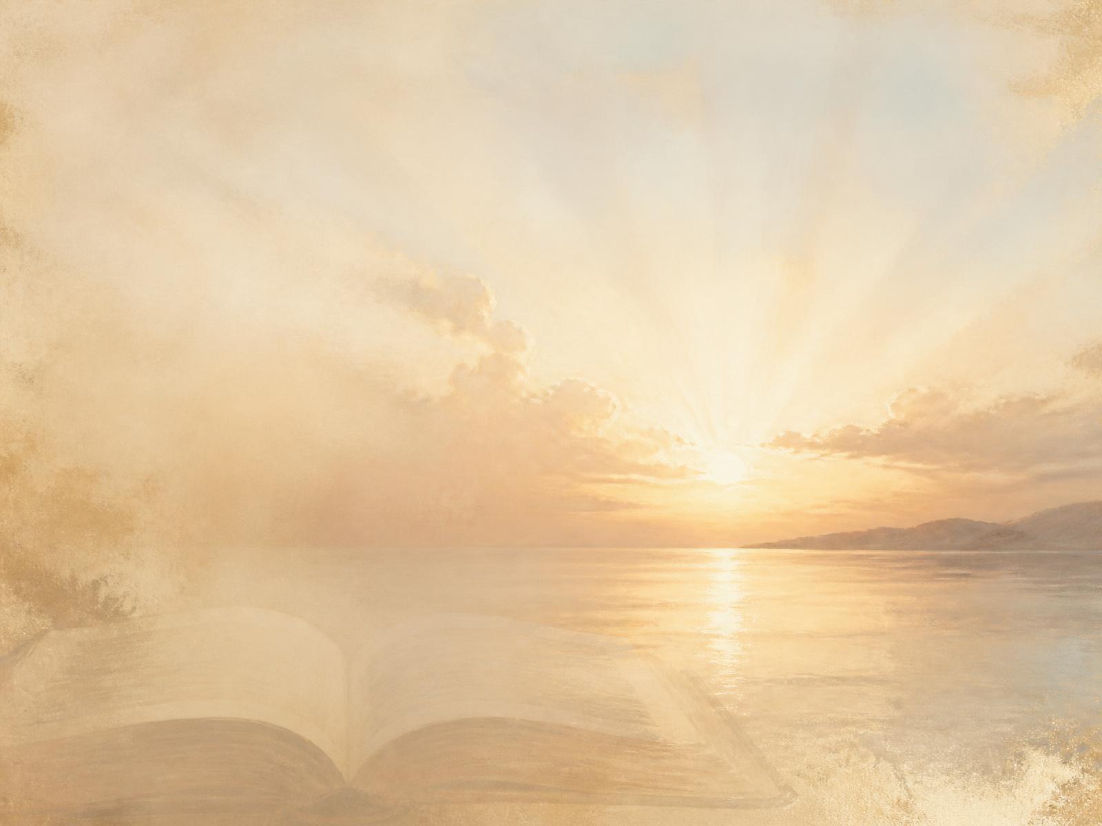 Amanhecer sereno sobre águas calmas com um livro aberto